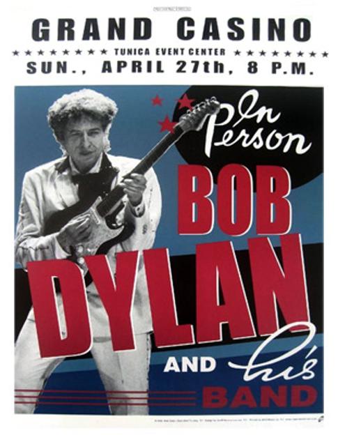 Bob-Dylan-memorabilia-concert-poster-grand-casino-tunica-event-center-MS-sunday-27th-april-2003-in-person-and-his-band-Geoff-Gans-original-bag-framed
