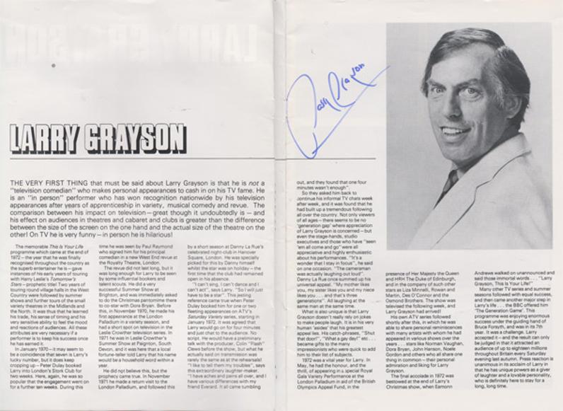 Larry-Grayson-autograph-signed-tv memorabilia theatre programme generation game signature shut that door comedian host