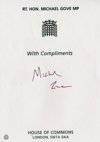 Michael-Gove-autograph-signed-political-memorabilia-conservative-party-uk-politics-tory-mp-sir-surrey-heath-education-chief-whip-lord-chancellor-house-of-commons-minister-of-parliament