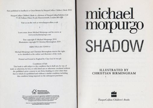 Michael-Morpurgo-autograph-signed-book-shadow-2010-war-horse-harper-collins-childrens-Laureate-fiction-sir-novel-writer-author-dog-afghanistan