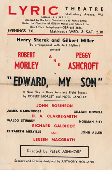 Robert-Morley-Peggy-Ashcroft-movie-film-legend-autograph-signed-memorabilia-playbill-Edward-My-Son-lyric-theatre