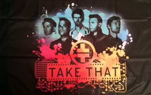Take-That-memorabilia-pop-music-flag-banner-Robbie-Williams-Gary-Barlow-Howard-Donald-Jason-Orange-Mark-Owen