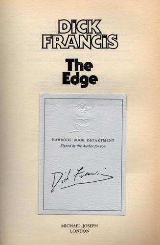dick-francis-autograph-book-signed-memorabilia-first-edition-horse-racing-jockey-the-edge-crime-writer-thriller-novel-devon-loch-jockey-blood-sport-signature